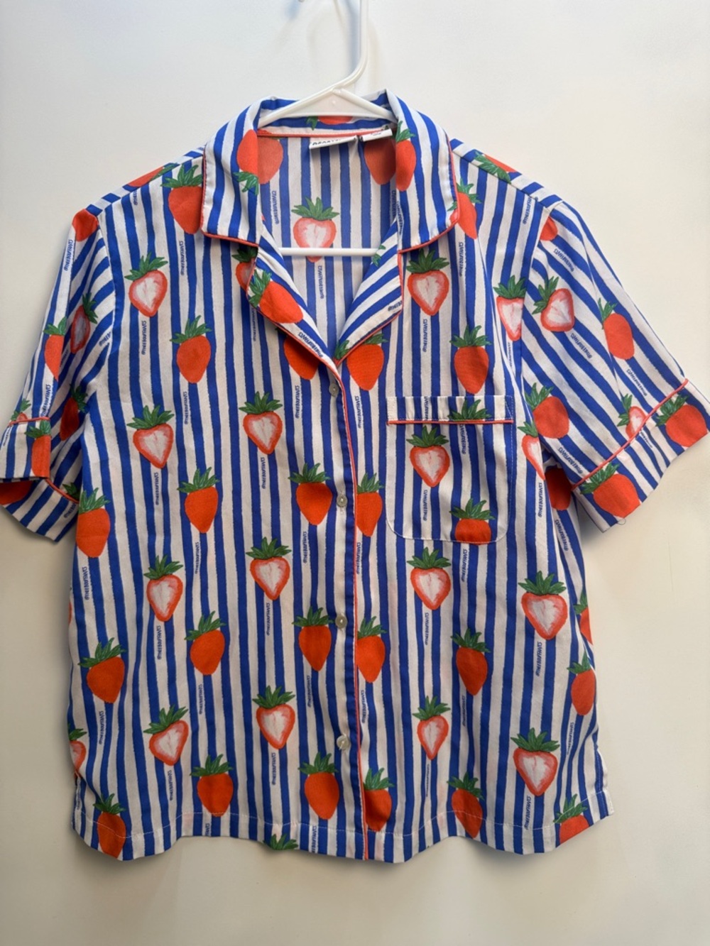 Bouffants & Broken Hearts Blue/ White Stripe Strawberry Short-Sleeve Shirt SMALL